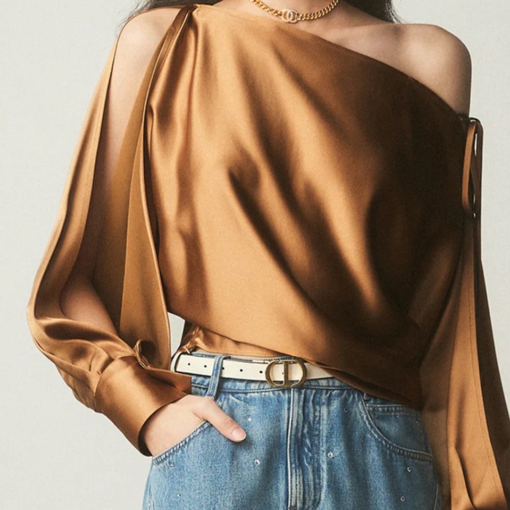 Commense Cold Shoulder Amber Asymmetrical Tied Blouse - M